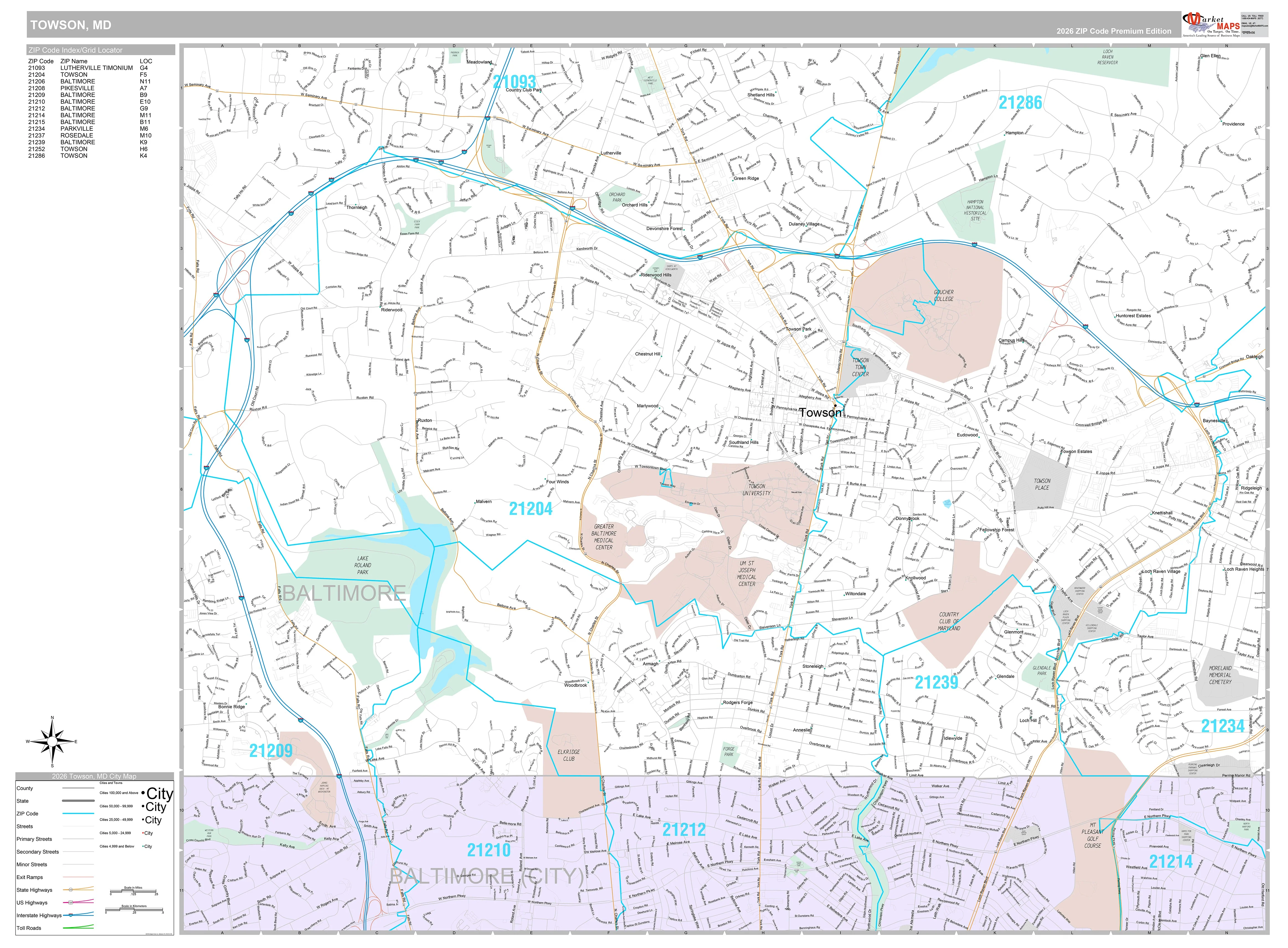 Premium Style Wall Map of Townson, MD