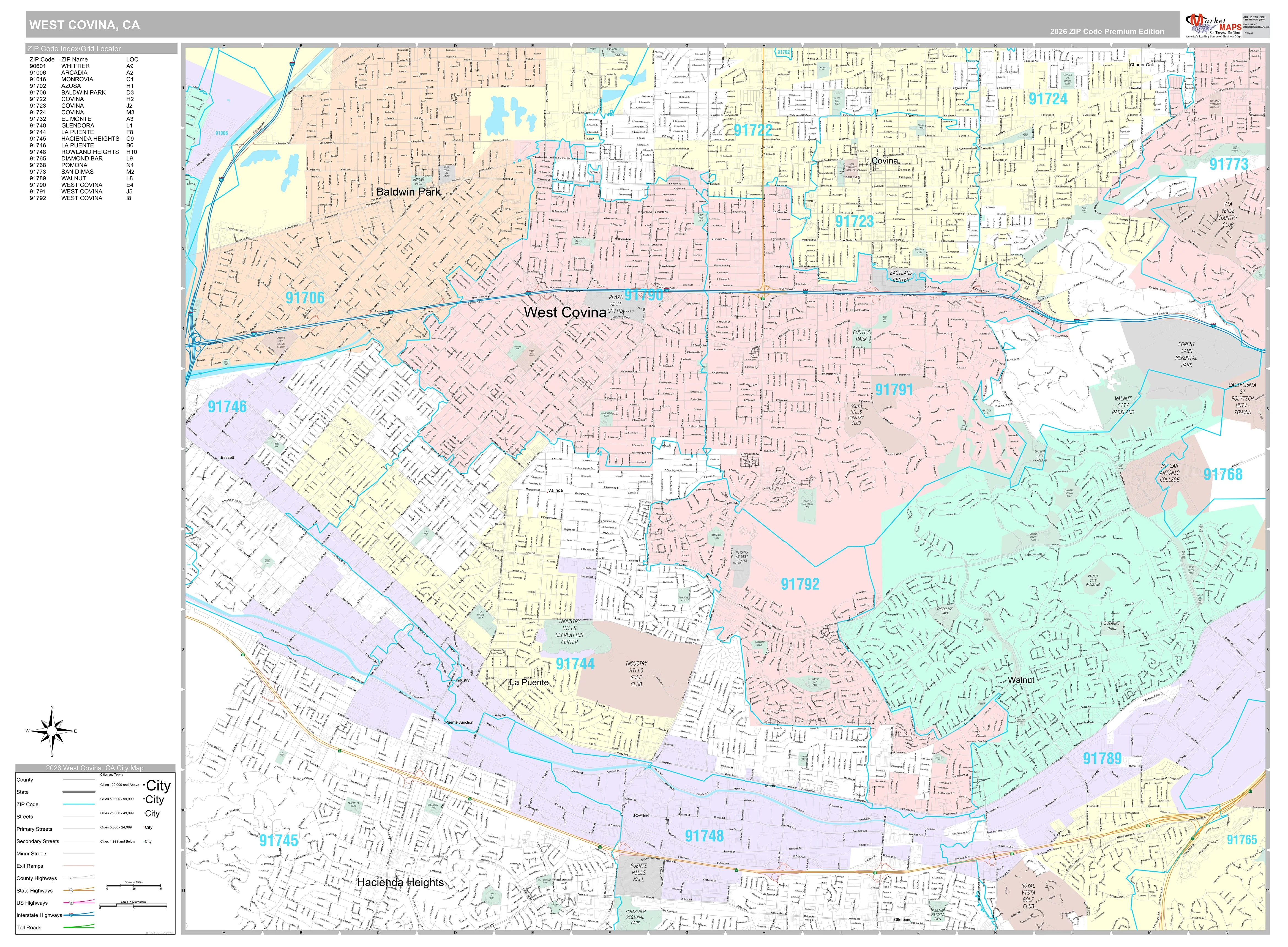 Premium Style Wall Map of West Covina, CA