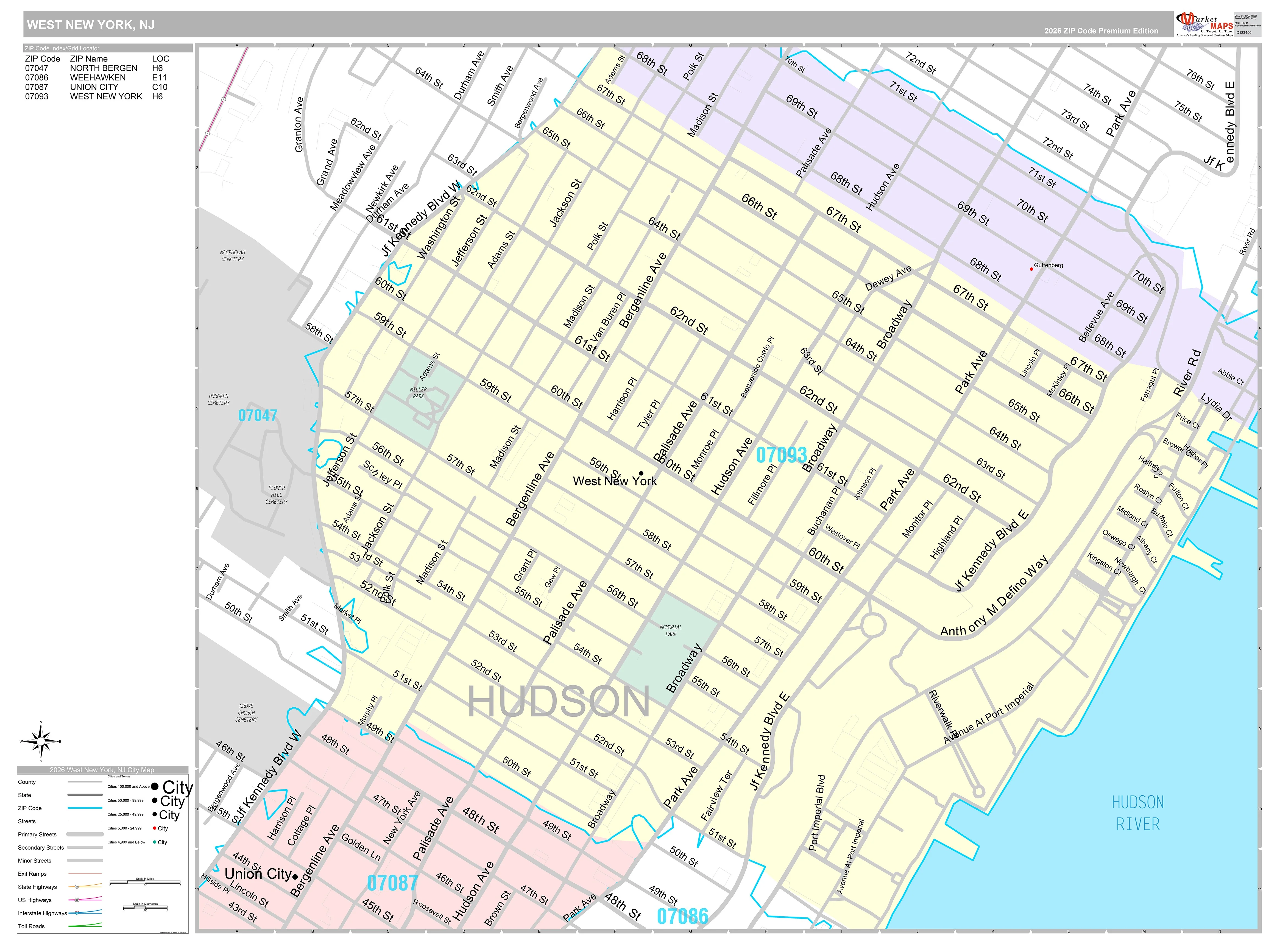 Premium Style Wall Map of West New York, NJ
